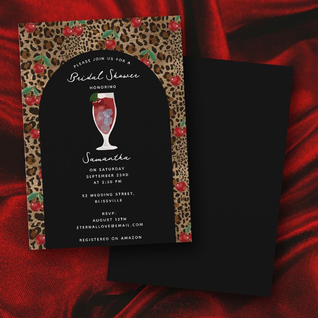 Convite Chuva de Noiva com Estampa de Leopardo e Guepardo (Leopard Cheetah Print Cherry Bridal Shower Invitation)