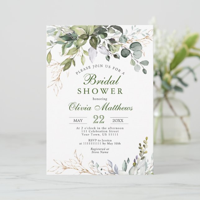 Convite Chuva de Noiva com Eucalipto em Aquarela (Em pé/Frente)
