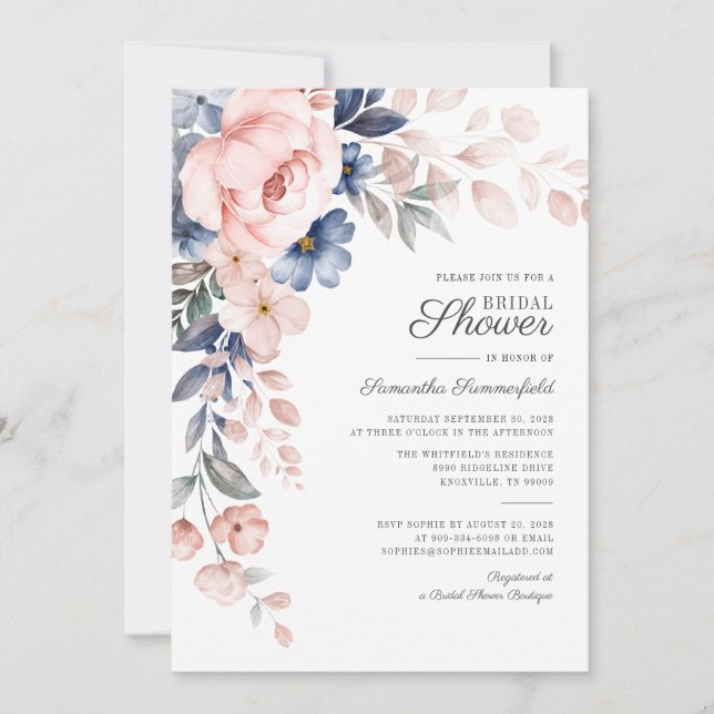Convite Chuva de Noiva com Flor de Água Rosa Script (Frente)