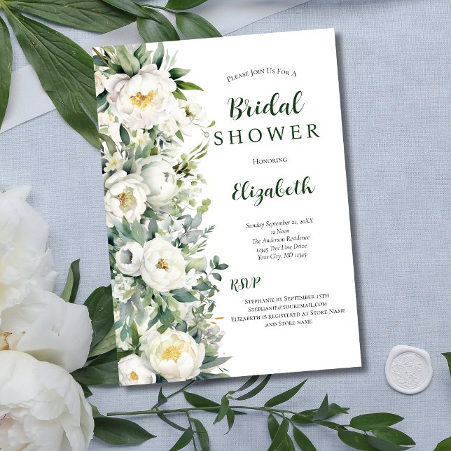 Convite Chuva de Noiva com Floral Branco e Eucalipto (White Peony Floral Eucalyptus Greenery Bridal Shower Invitation)
