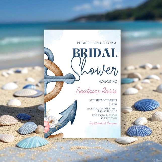 Convite Chuva de Noiva com Floral Náutico e Listras de Ânc (Nautical Floral Anchor Stripe Bridal Shower Invitation)