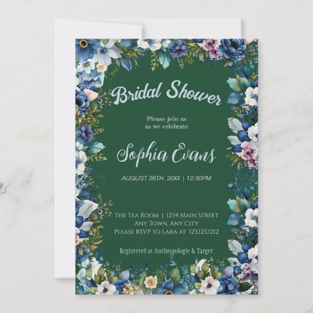 Convite Chuva de Noiva com Flores Azuis e Brancas Verdes (Frente)