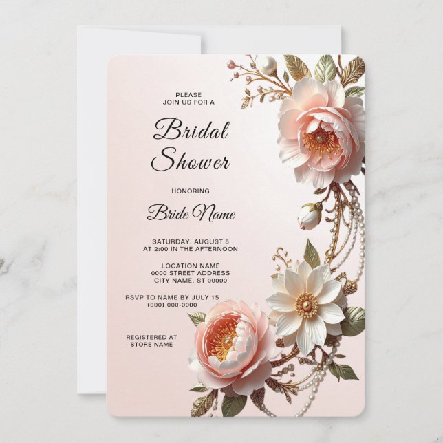 Convite Chuva de Noiva com Flores Decorativas Rosa e Branc (Frente)