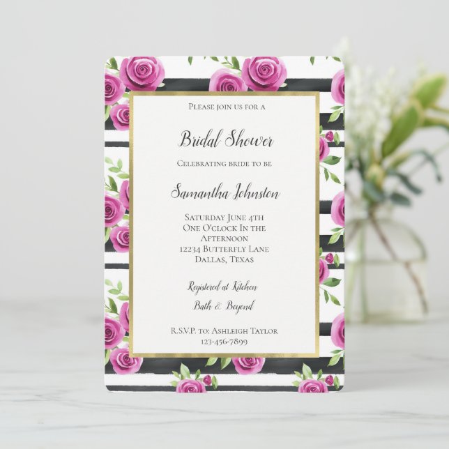 Convite Chuva de Noiva com Flores Rosa e Listras Pretas   (Em pé/Frente)