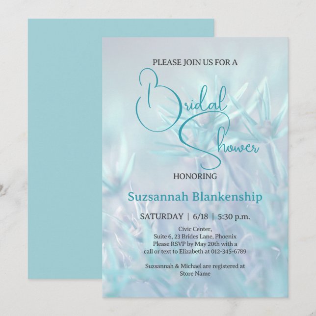 Convite Chuva de Noiva com Fundo Floral em Azul Pastel (Frente/Verso)
