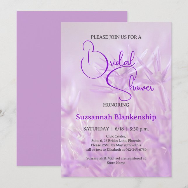 Convite Chuva de Noiva com Fundo Floral Roxo Pastel (Frente/Verso)