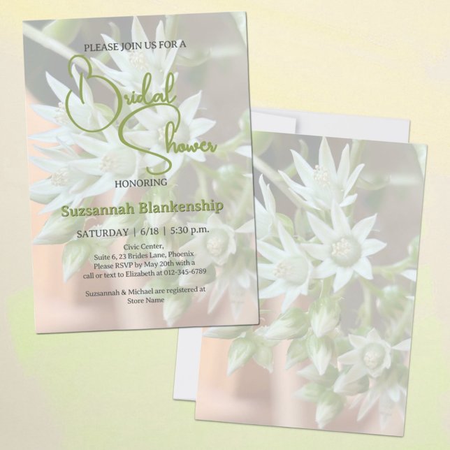 Convite Chuva de Noiva com Fundo Floral Suculento Sutil (template bridal shower invitation front and back)