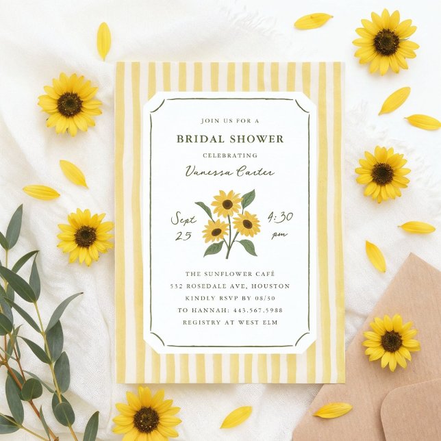 Convite Chuva de Noiva com Girassol Desenhado à Mão e List (hand-drawn sunflower bridal shower invitation with yellow stripes)