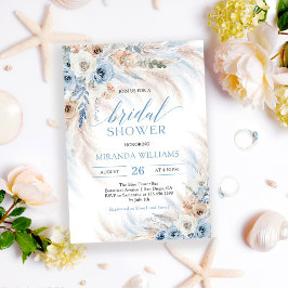 Convite Chuva de Noiva com Grama das Pampas Floral Azul Cl