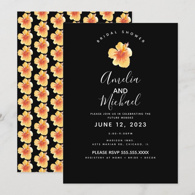 Convite Chuva de Noiva com Hibisco Laranja em Aquarela à M (Frente/Verso)