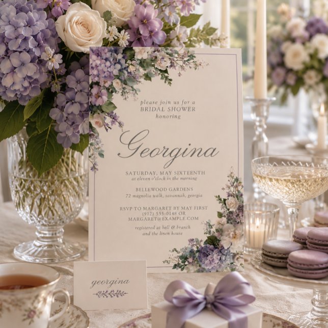 Convite Chuva de Noiva com Hidrângea Lavanda e Monograma e (Criador carregado)