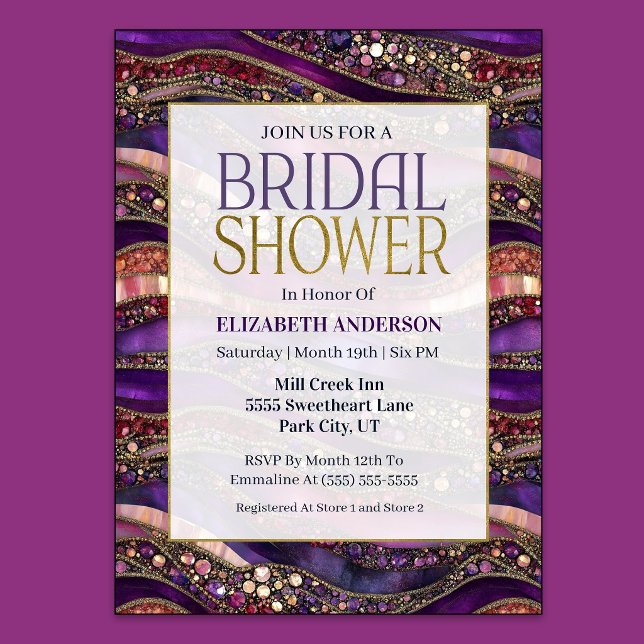 Convite Chuva de Noiva com Joias de Ouro Roxo (Purple and Gold Jeweled Strata Bridal Shower Invitation)