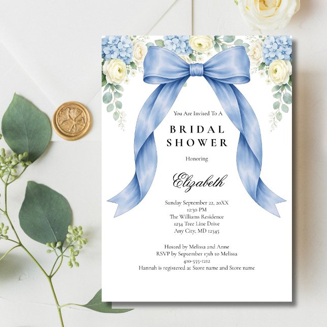 Convite Chuva de Noiva com Laço Azul e Florais em Aquarela (Something Blue Bow, Watercolor Blue White Florals Bridal Shower invitation. Printed or Digital)
