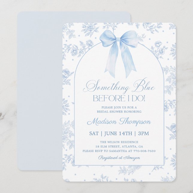 Convite Chuva de Noiva com Laço Azul Toile Francês (Frente/Verso)