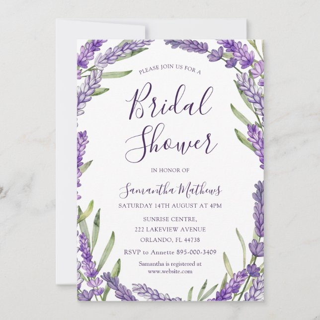 Convite Chuva de Noiva com Lavanda Roxa Rústica em Aquarel (Frente)