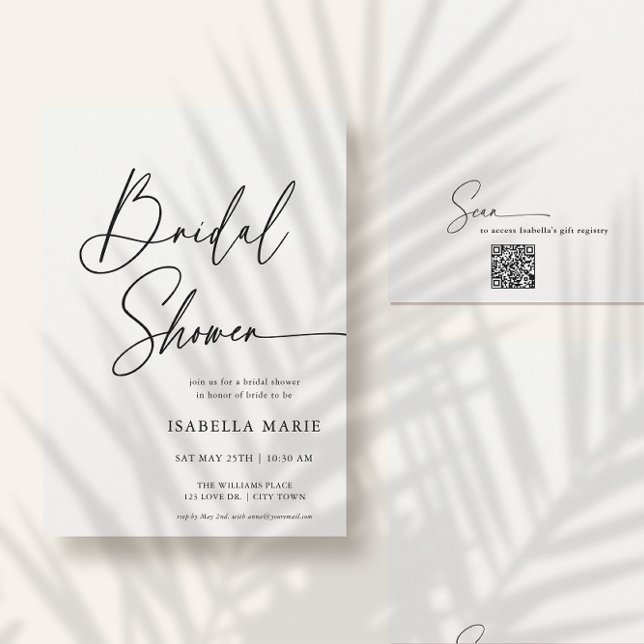 Convite Chuva de Noiva com Letra Moderna Mínima Manuscrita (Front and back of flat 5x7 bridal shower invitation. Choose size, corner + paper style.)