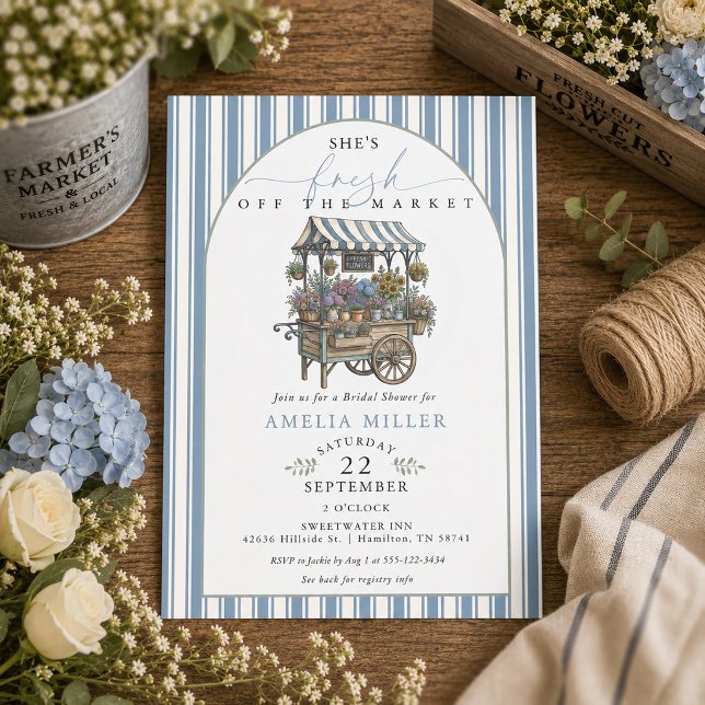 Convite Chuva de Noiva com Listras Azuis Fresca do Mercado (Blue Striped Fresh Off The Market Bridal Shower Invitation)
