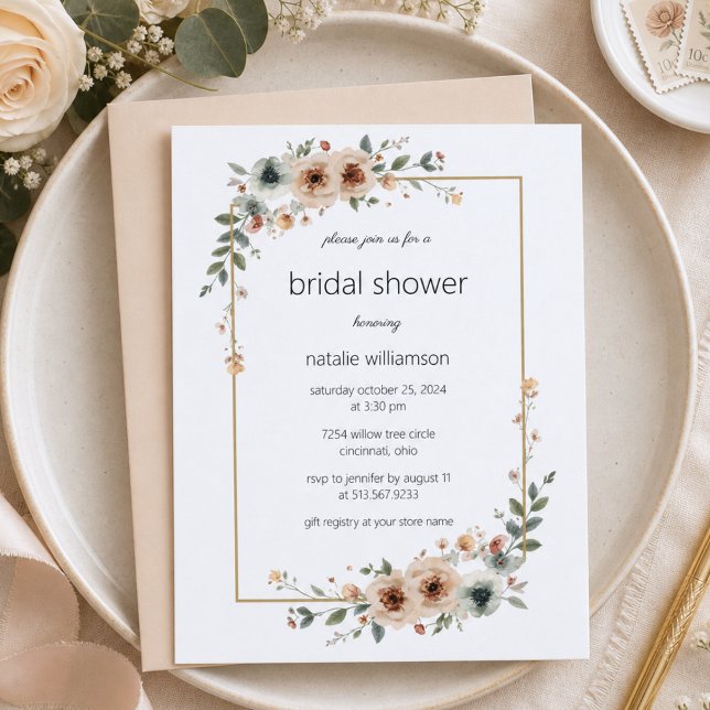 Convite Chuva de Noiva com Moldura de Flor Neutra (Criador carregado)