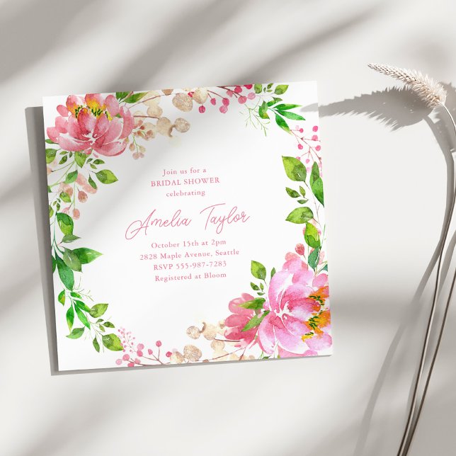 Convite Chuva de Noiva com Peônia em Aquarela Rosa (Criador carregado)