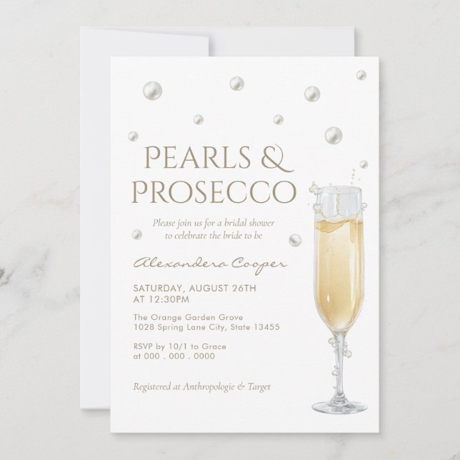 Convite Chuva de Noiva com Pérolas Brancas e Prosecco (Frente)