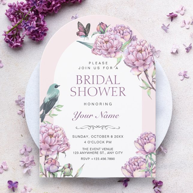 Convite Chuva de noiva com ramo floral roxo (Criador carregado)