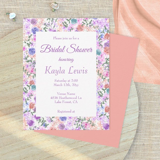 Convite Chuva de Noiva com Rosas Roxas, Pêssego e Azul Cla (purple wedding bridal shower invitation with lilac and peach rose border)