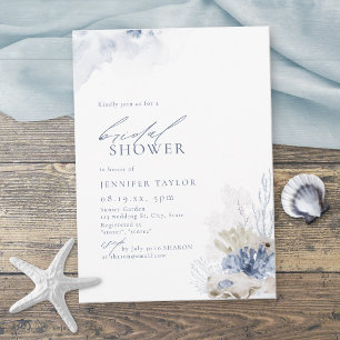 Convite Chuva de noiva com tema de praia coral azul e conc
