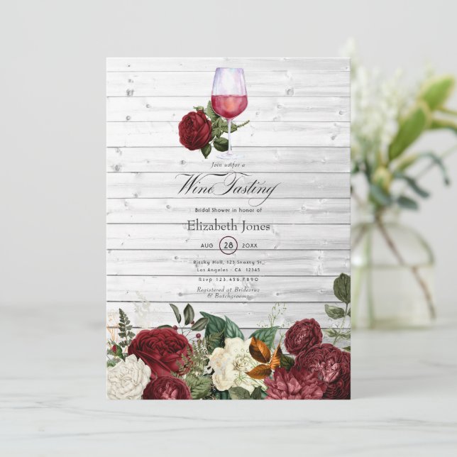 Convite Chuva de Noiva com tema de Vinho Floral Vermelho B (Em pé/Frente)