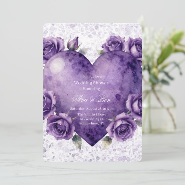 Convite Chuva de Noiva Coração e Rosas Pintados de Roxo (Em pé/Frente)