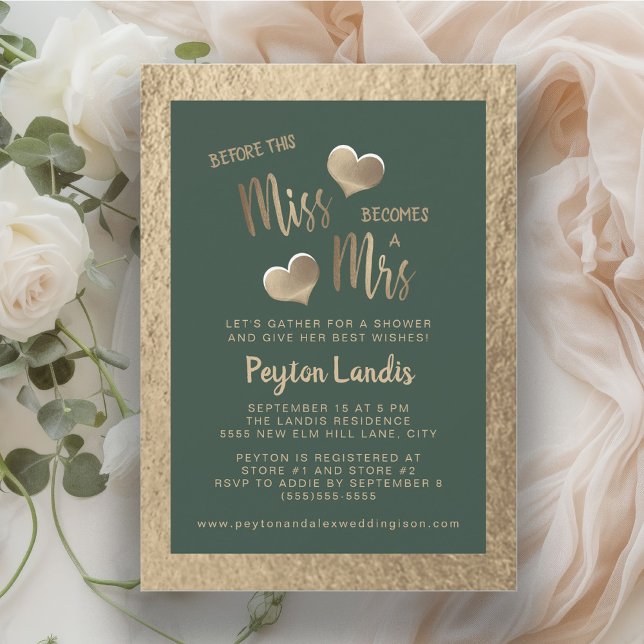 Convite Chuva de Noiva Corações de Ouro Verde Esmeralda Se (Miss to Mrs. emerald green and gold bridal shower invitation)