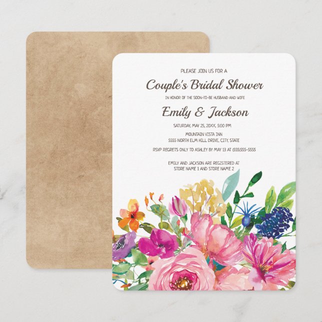 Convite Chuva de Noiva de Casal Floral Colorida Kraft (Frente/Verso)