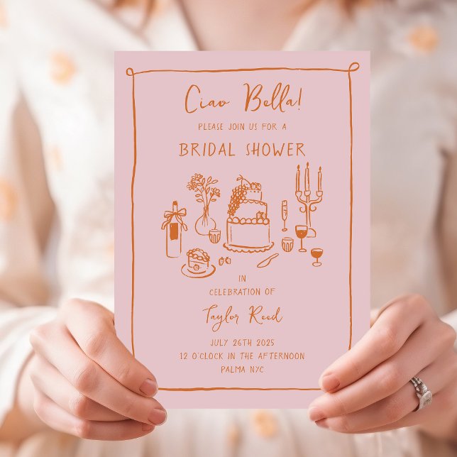 Convite Chuva de Noiva de Comida Desenhada à Mão em Rosa (Ciao Bella pink and orange bridal shower invitation with hand-drawn food and drink doodles)