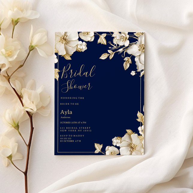 Convite Chuva de Noiva de luxo em branco e dourado com azu (Luxury white gold floral navy blue Bridal Shower)
