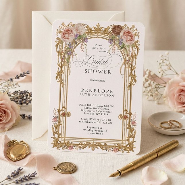 Convite Chuva de Noiva Dourada Floral Peônia Corada (Criador carregado)