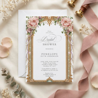 Convite Chuva de Noiva Dourada Floral Peônia Corada