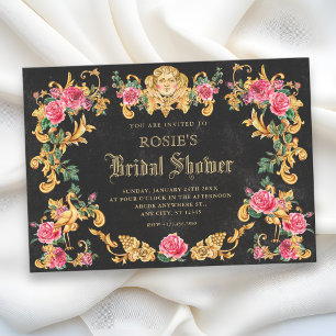 Convite Chuva de noiva dourada ornamentada floral vitorian
