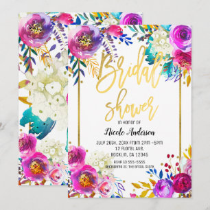 Convite Chuva de Noiva Dourada Script Negrito Floral Aquar