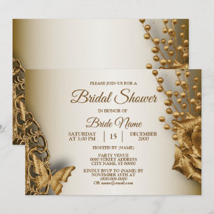 Convite Chuva de Noiva Dourado Floral Borboleta Vintage