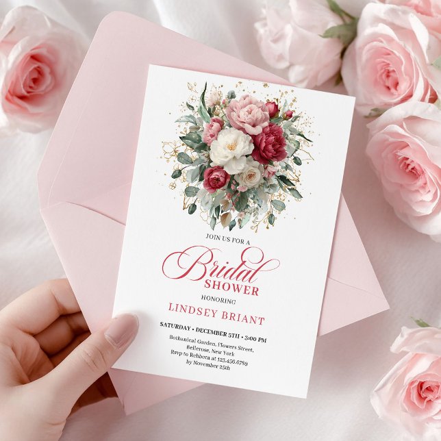 Convite Chuva de Noiva Elegante Boho Vermelho Blush Dourad (Elegant Boho Red Blush Gold Floral Bridal Shower)
