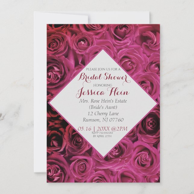 Convite Chuva de Noiva Elegante com Diamantes e Rosas Rosa (Frente)