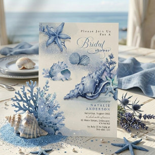 Convite Chuva de Noiva Elegante Concha Oceano Azul Costeir