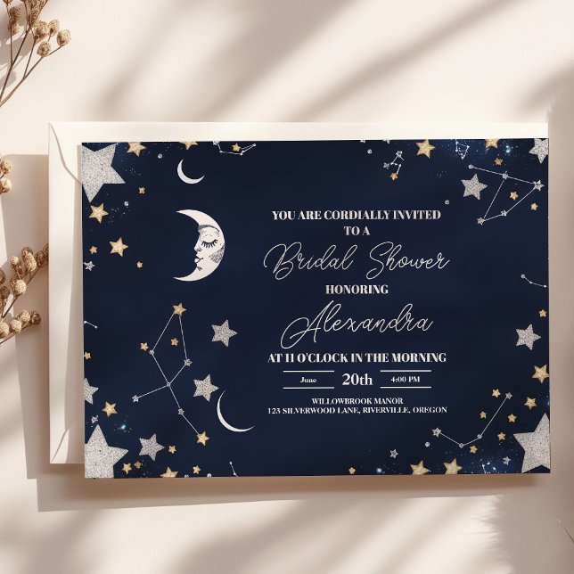 Convite Chuva de Noiva Elegante Crescente Celestial (Criador carregado)