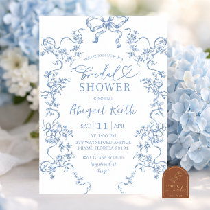 Convite Chuva de Noiva Elegante em Azul com Floral Toile F