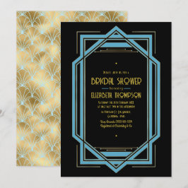 Convite Chuva de Noiva Elegante Gatsby Art Déco Azul e Dou