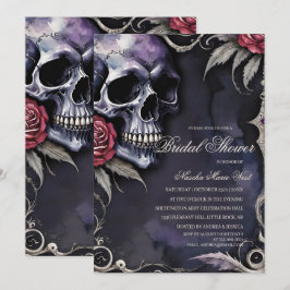 Convite Chuva de Noiva Elegante Gótico Crânio & Rosas Verm