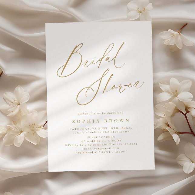 Convite Chuva de noiva elegante moderna em roteiro minimal (Gold elegant modern script minimal bridal shower invitation)