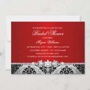 Convite Chuva de Noiva Elegante Vermelho Prata Damask & Jo