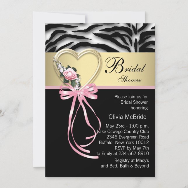 Convite Chuva de Noiva Elegante Zebra Rosa (Frente)