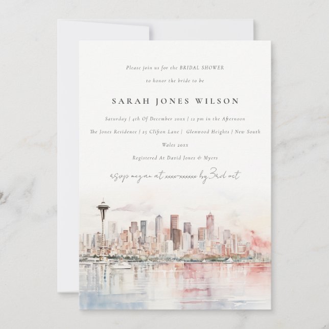 Convite Chuva de Noiva em Aquarela de Seattle, Washington (Frente)