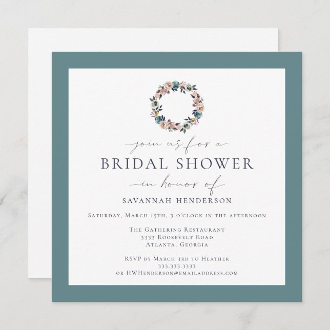 Convite Chuva de Noiva em Aquarela Rosa, Salvia Verde e Co (Frente/Verso)